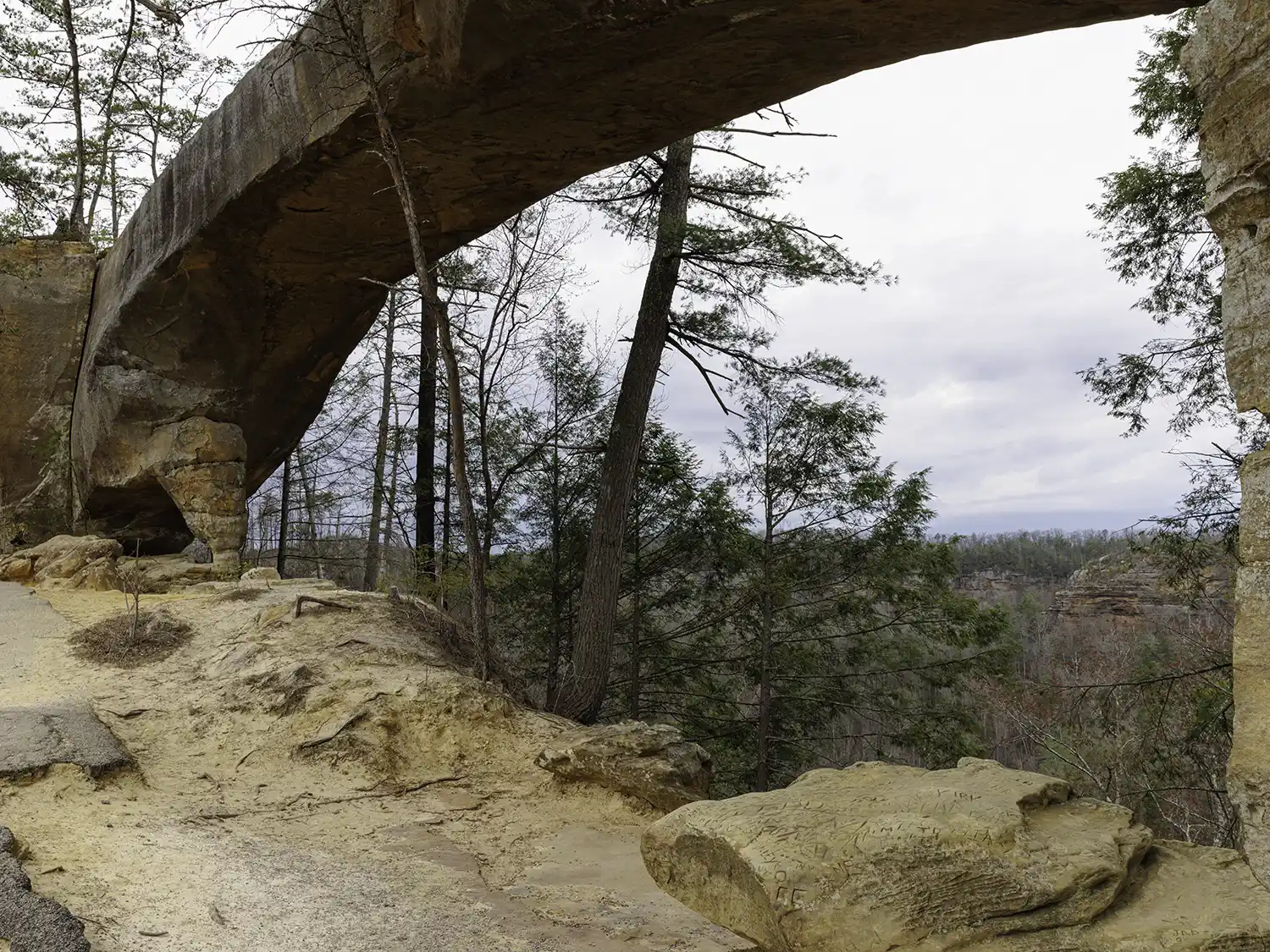 Looking through Sky Bridge Arch in Red River Gorge from the lower section of the trail.